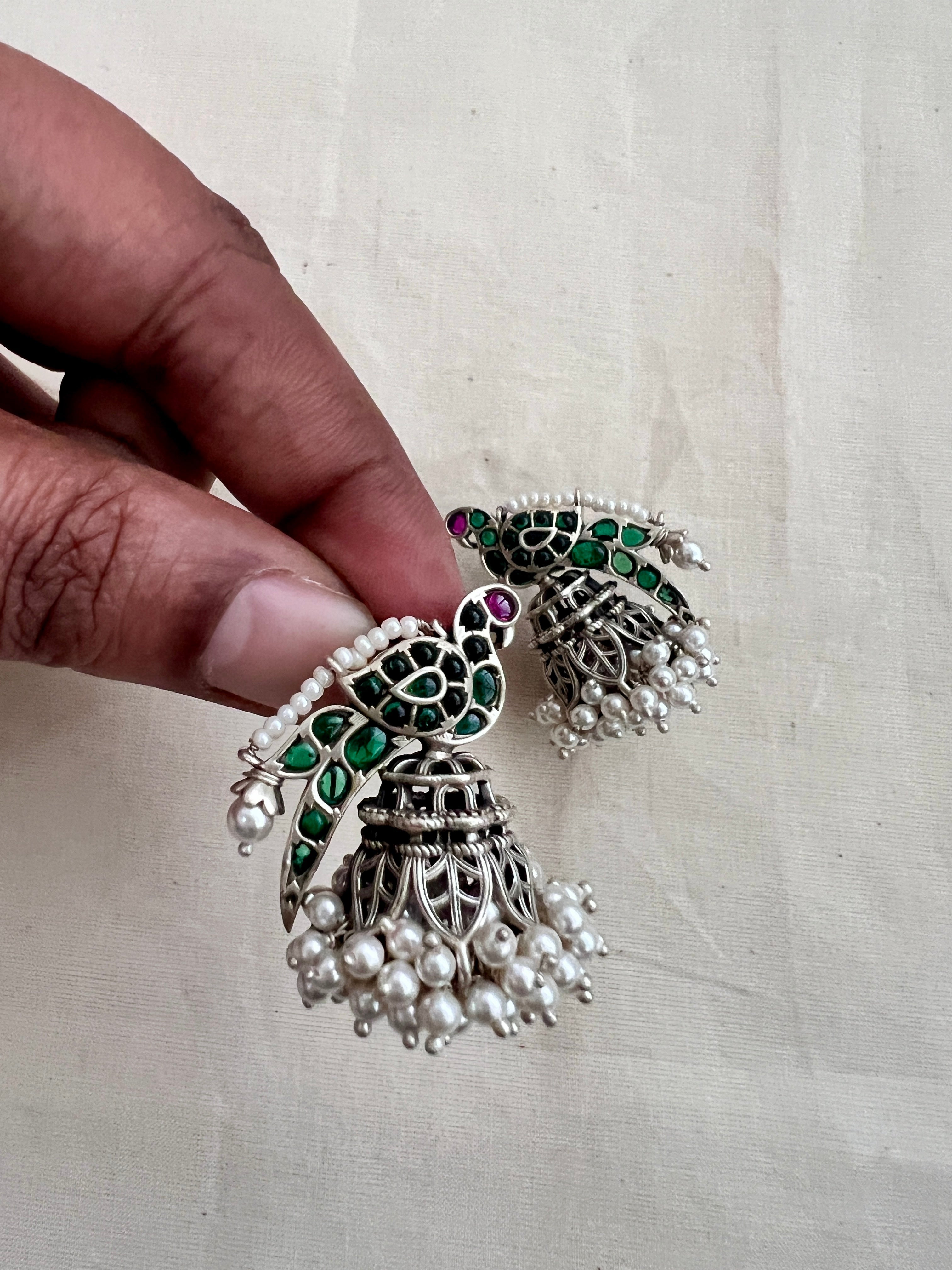 Green kemp peacock silver jhumkas with pearls-Earrings-CI-House of Taamara