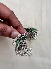 Green kemp peacock silver jhumkas with pearls-Earrings-CI-House of Taamara