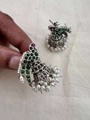 Green kemp peacock silver jhumkas with pearls-Earrings-CI-House of Taamara