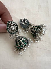 Green kemp silver jhumkas with pearls-Earrings-CI-House of Taamara