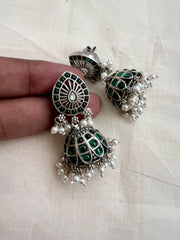 Green kemp silver jhumkas with pearls-Earrings-CI-House of Taamara