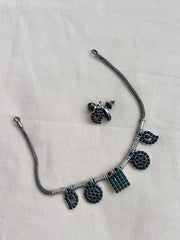 Green kemp silver necklace with earrings, SET-Silver Neckpiece-CI-House of Taamara