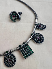 Green kemp silver necklace with earrings, SET-Silver Neckpiece-CI-House of Taamara