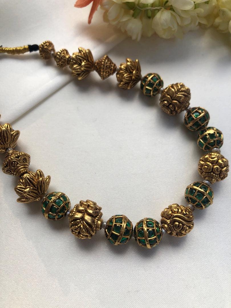 Green kundan beads mala with antique style gold beads-Silver Neckpiece-PL-House of Taamara