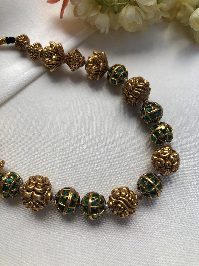 Green kundan beads mala with antique style gold beads-Silver Neckpiece-PL-House of Taamara