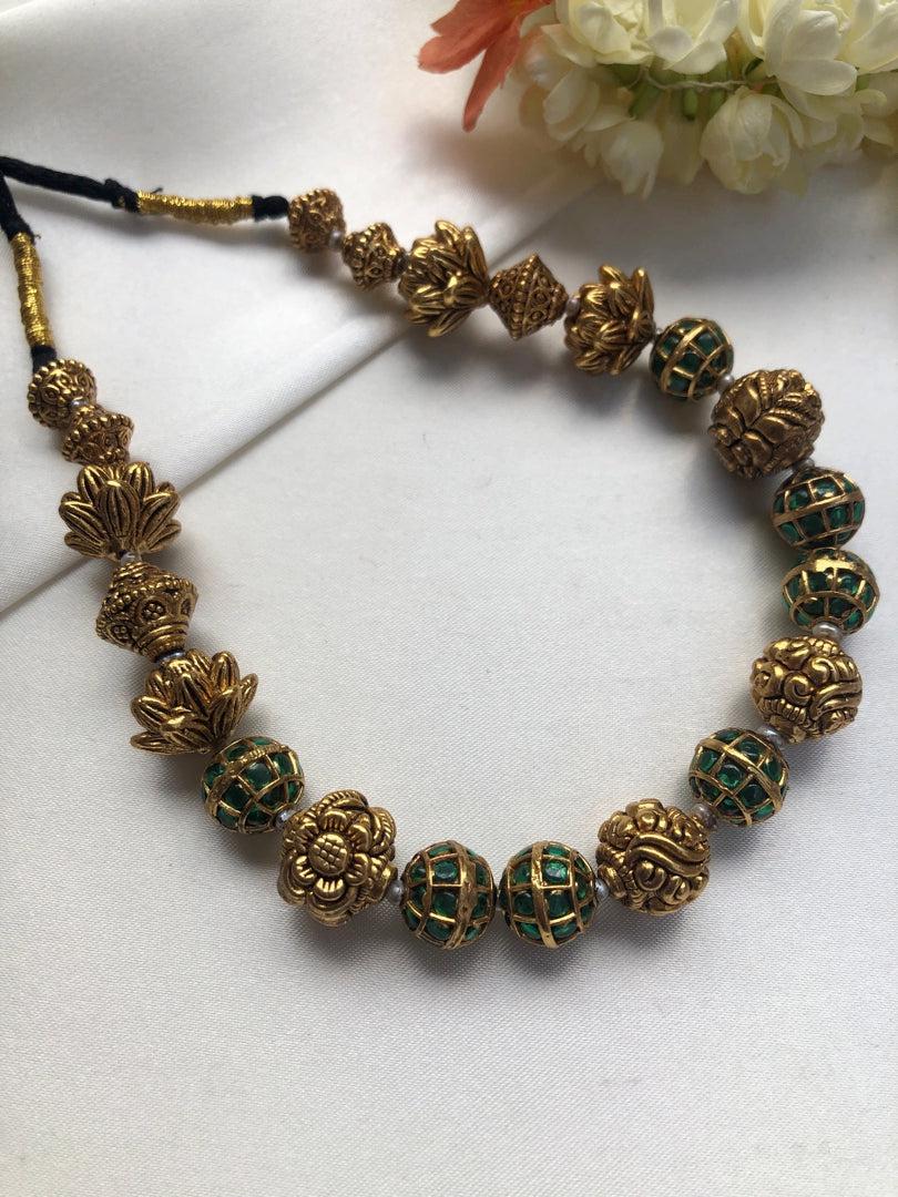 Green kundan beads mala with antique style gold beads-Silver Neckpiece-PL-House of Taamara