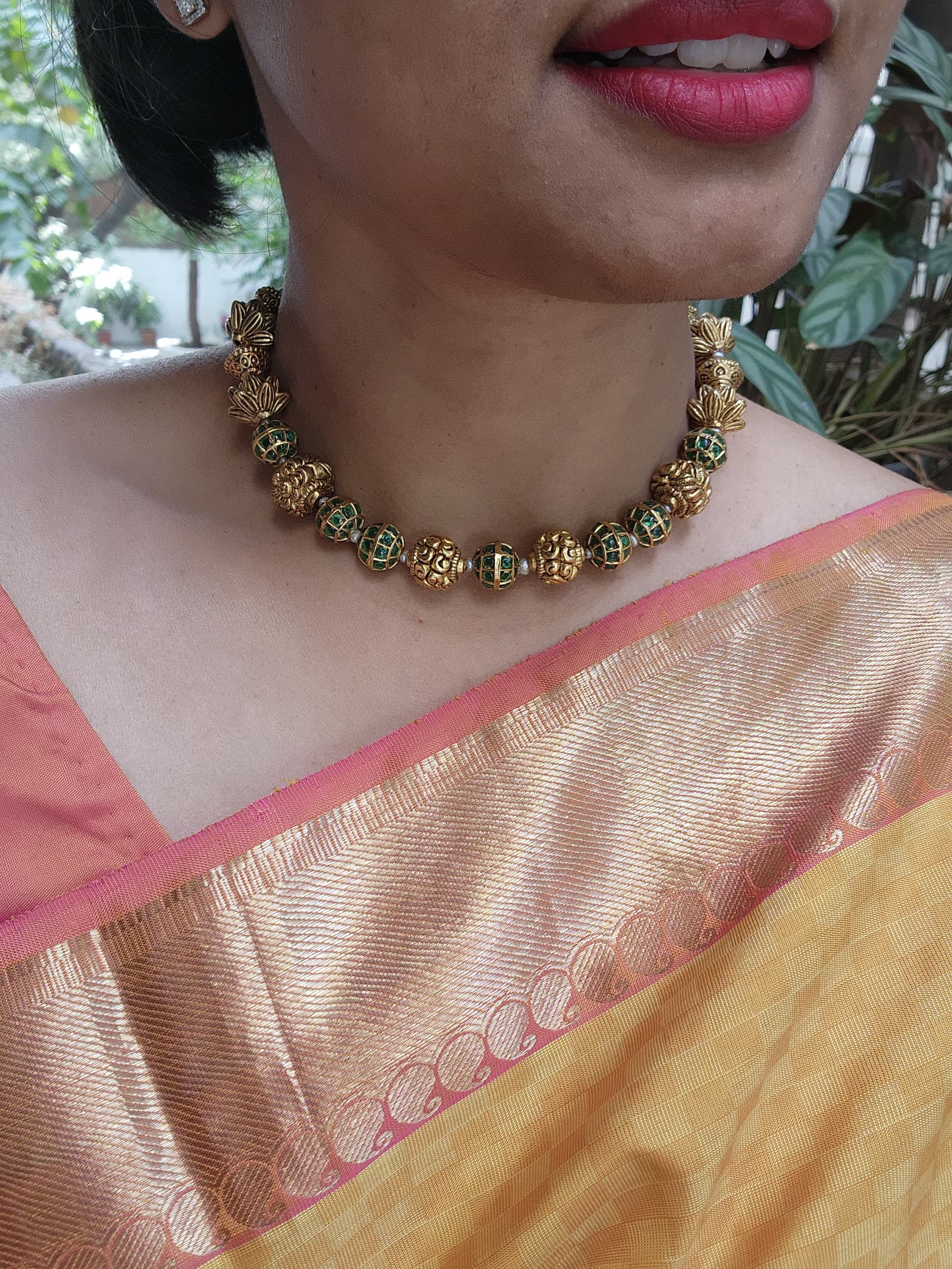 Green kundan beads mala with antique style gold beads-Silver Neckpiece-PL-House of Taamara