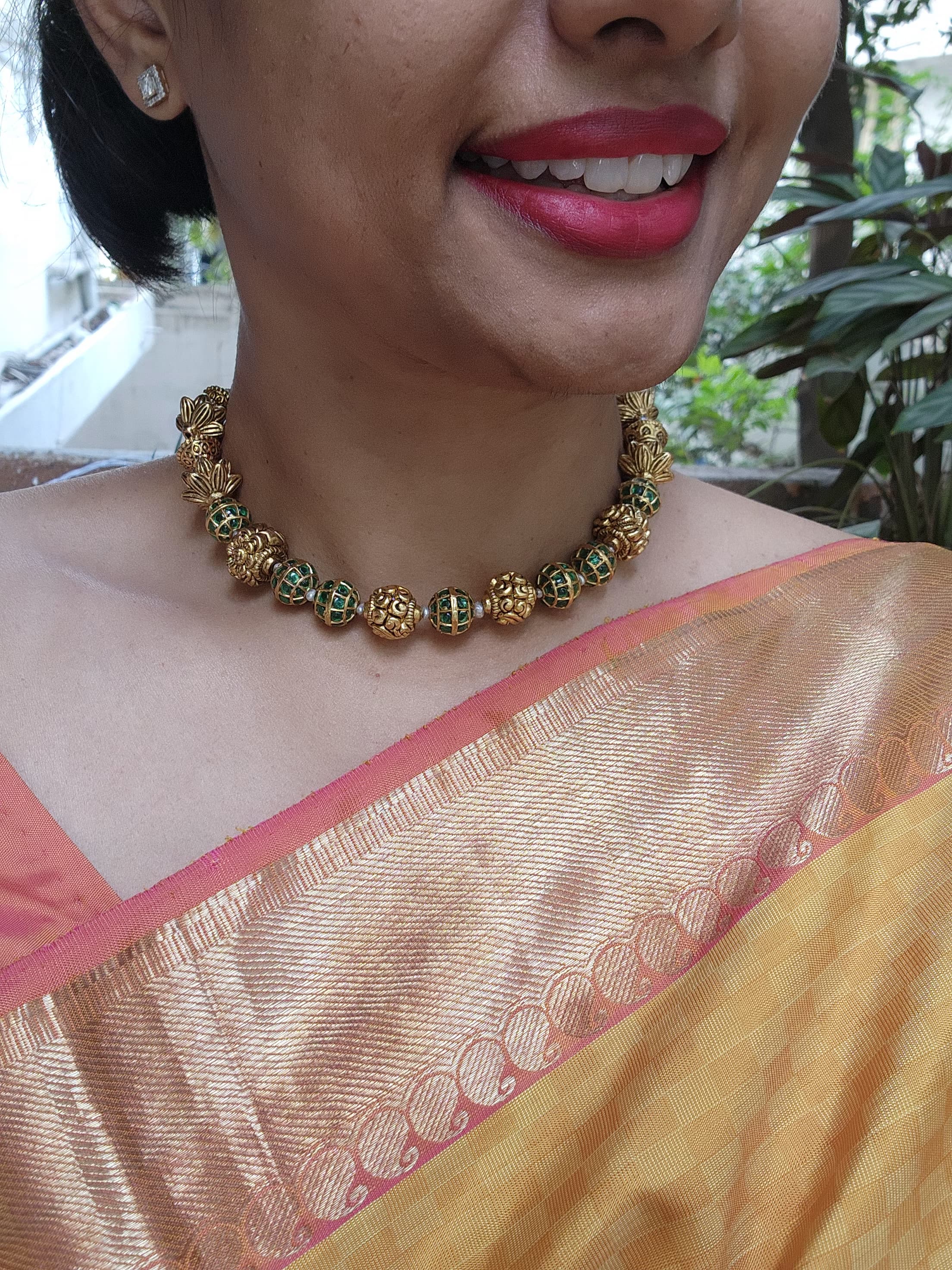 Green kundan beads mala with antique style gold beads-Silver Neckpiece-PL-House of Taamara