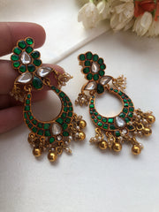 Green kundan chand long earrings-Earrings-PL-House of Taamara