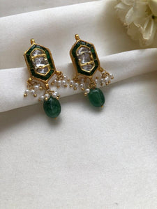 Green kundan earring with green onyx drop-Earrings-PL-House of Taamara