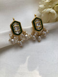 Green kundan earrings with antique pearls-Earrings-PL-House of Taamara