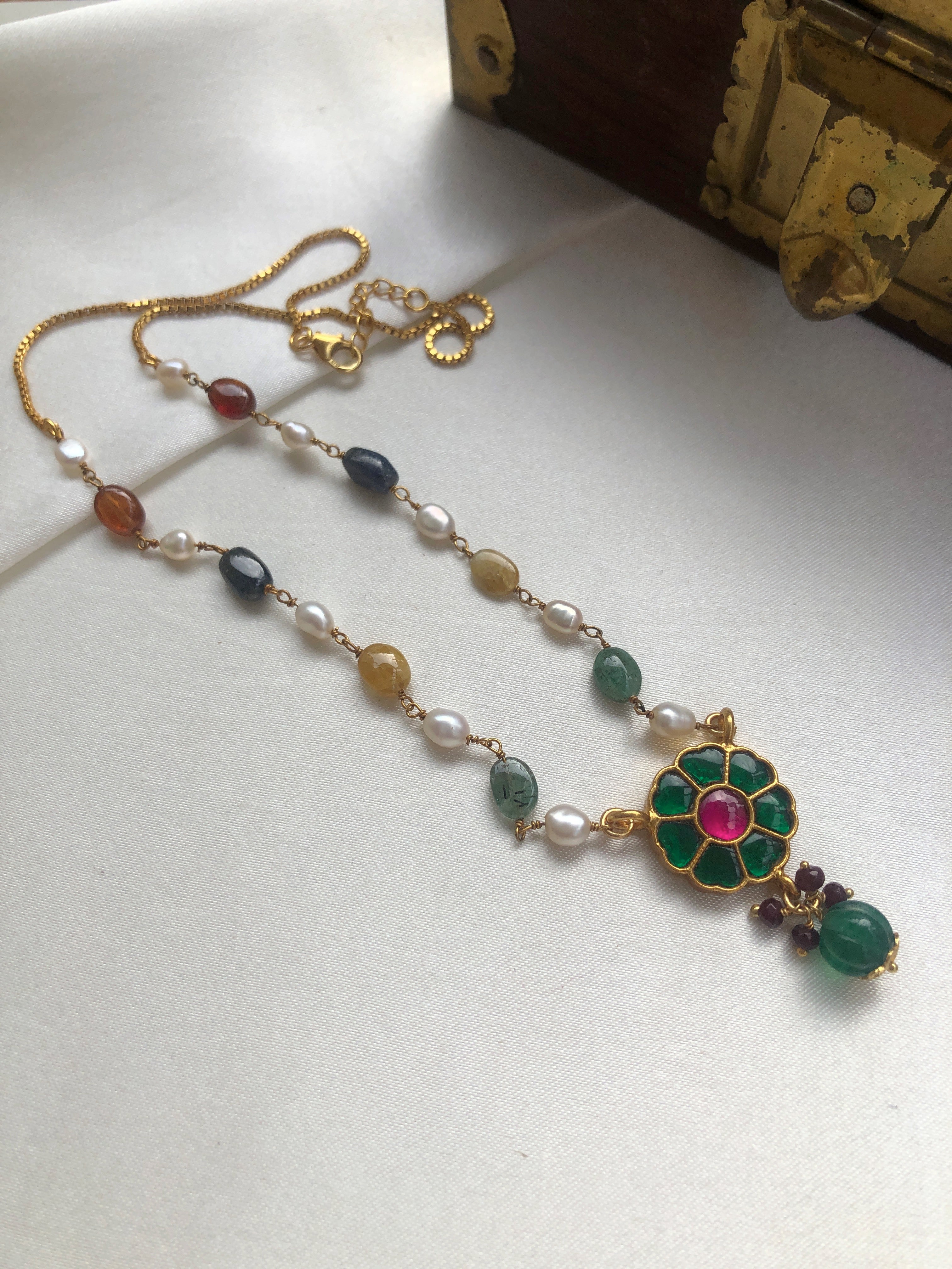Green kundan flower pendant with navrathan beads chain-Silver Neckpiece-PL-House of Taamara