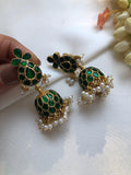 Green kundan jhumkas with pearls-Earrings-PL-House of Taamara