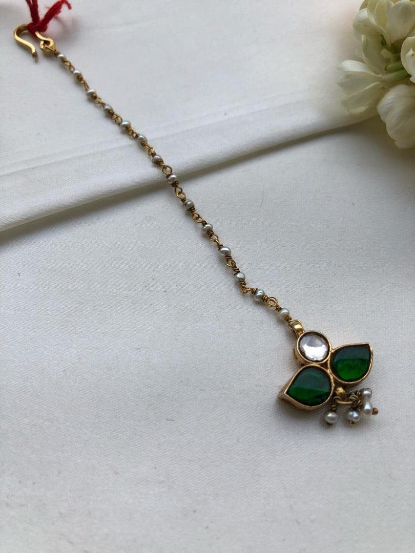 Green kundan maang tikka-Silver Neckpiece-PL-House of Taamara