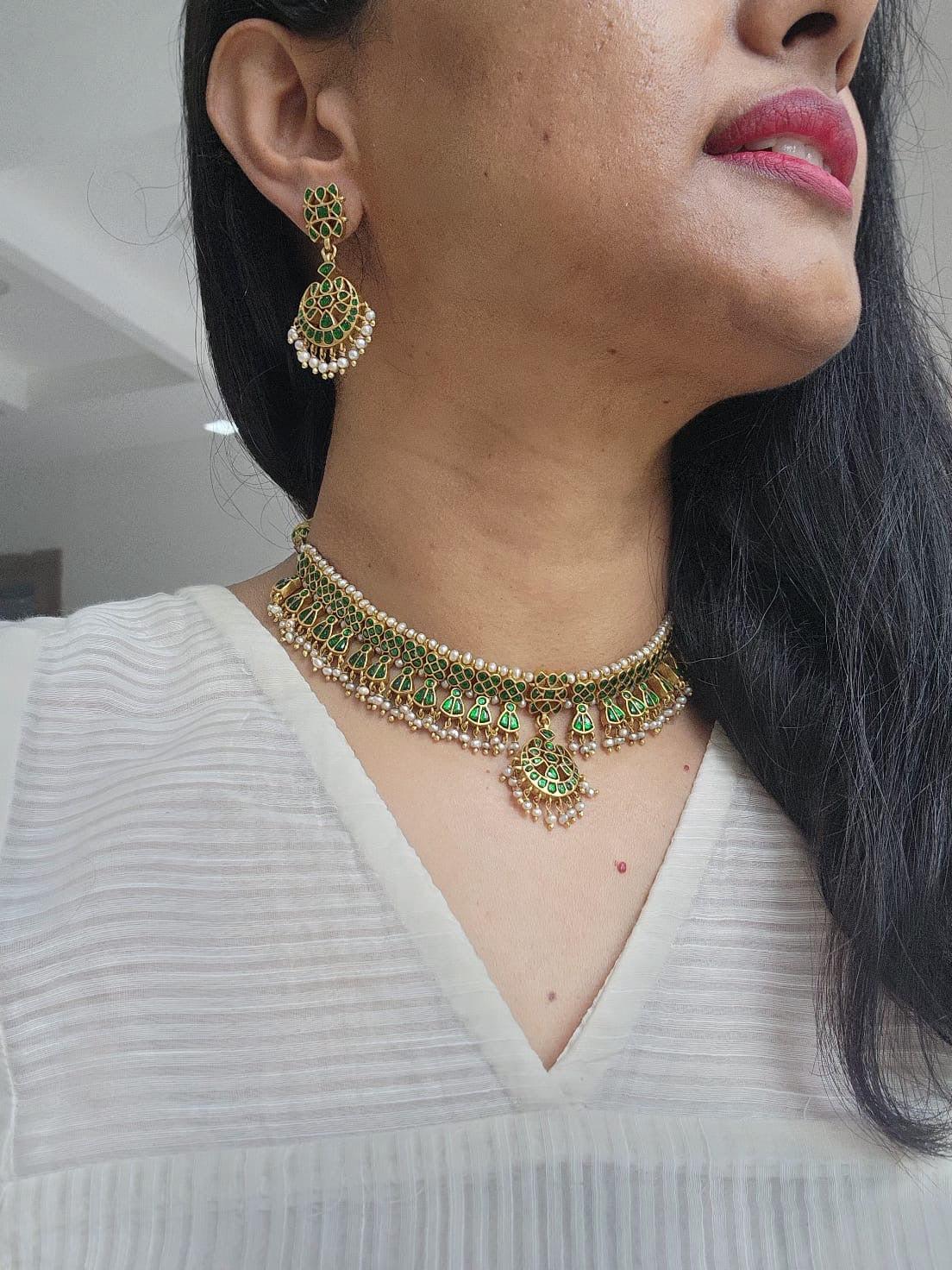 Green kundan matha patti, SET-Silver Neckpiece-PL-House of Taamara