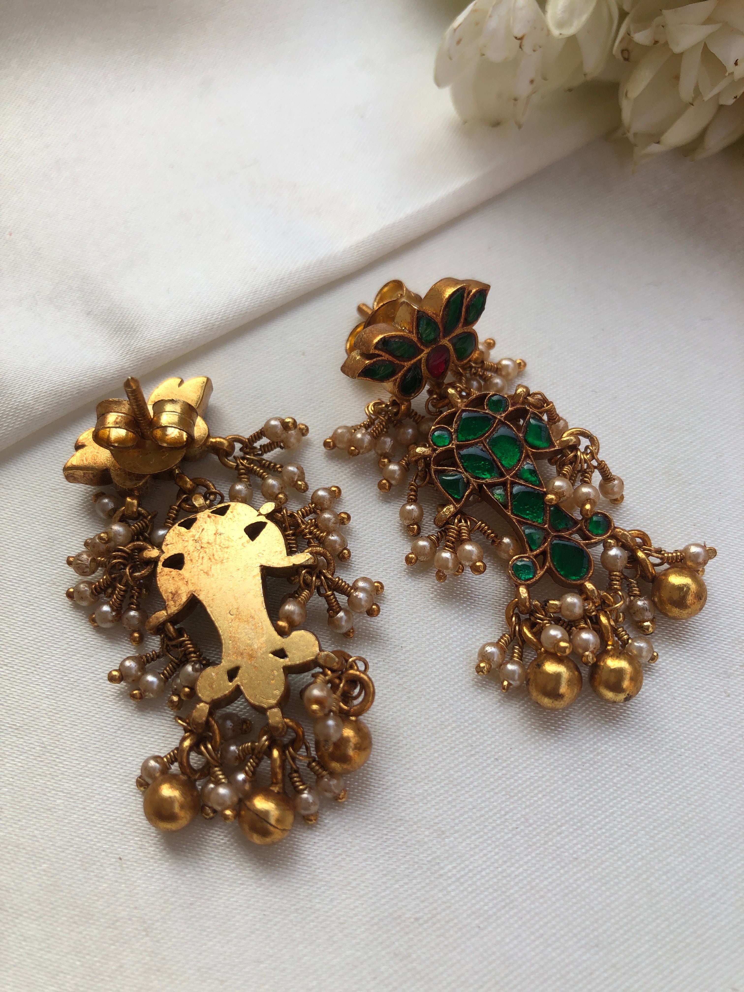 Green kundan matsya earrings-Earrings-PL-House of Taamara