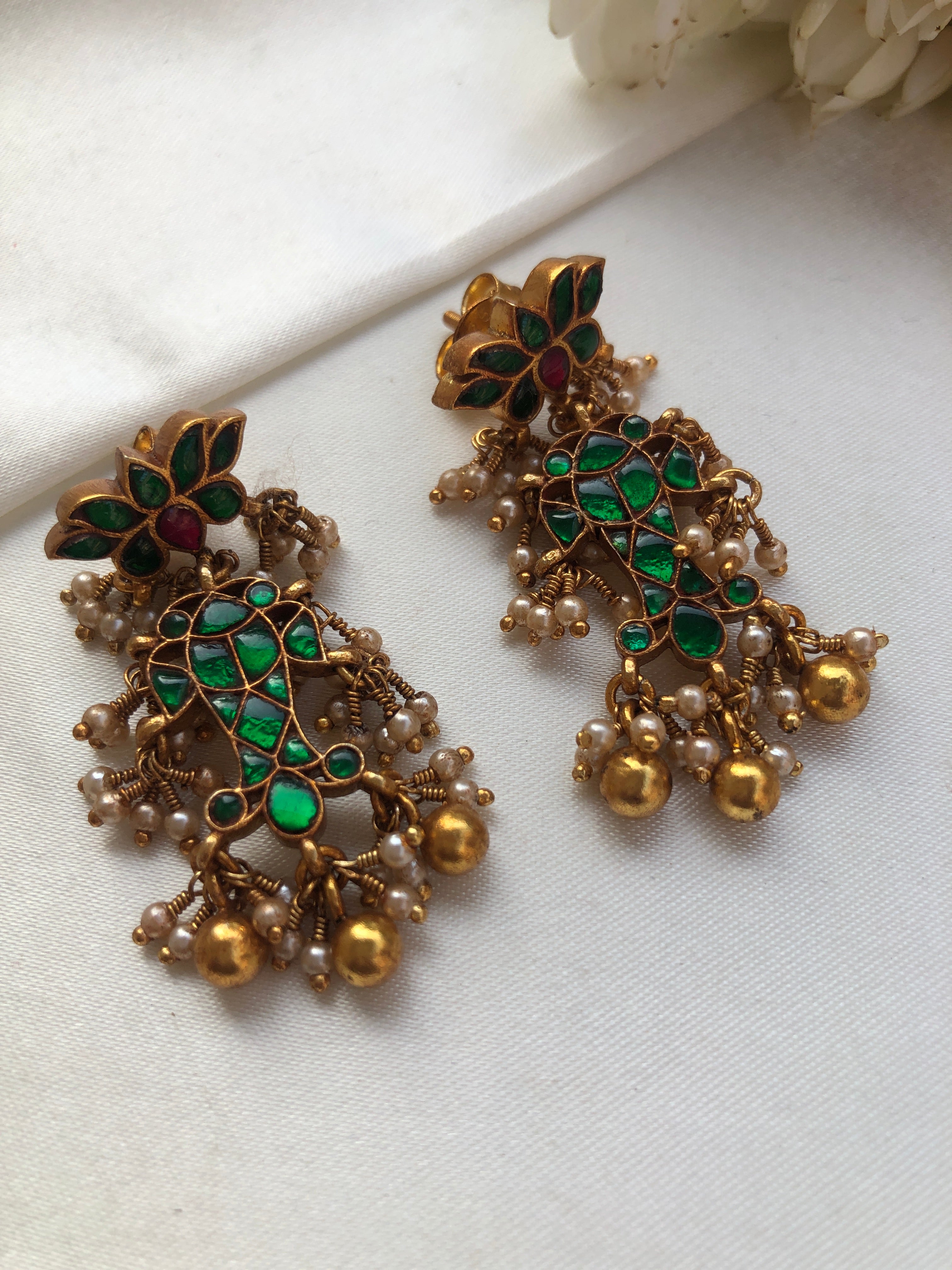 Green kundan matsya earrings-Earrings-PL-House of Taamara