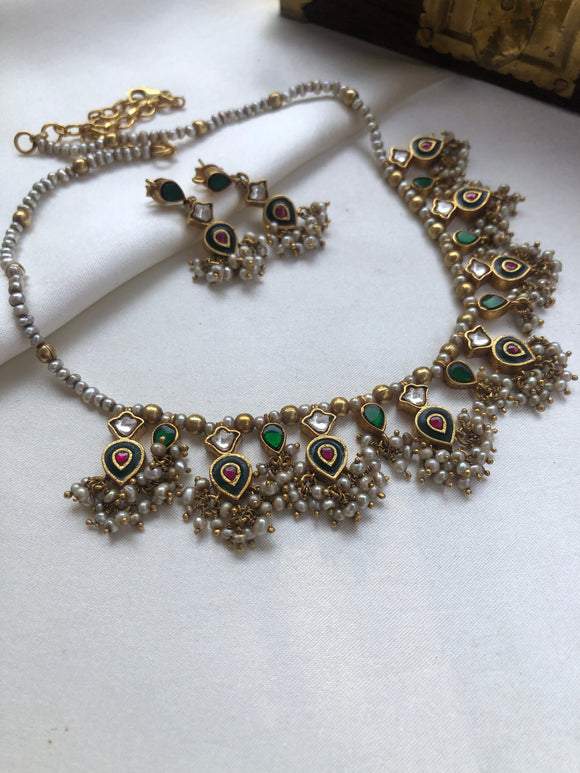 Green & kundan necklace with enamel & pearls earrings, SET-Silver Neckpiece-PL-House of Taamara