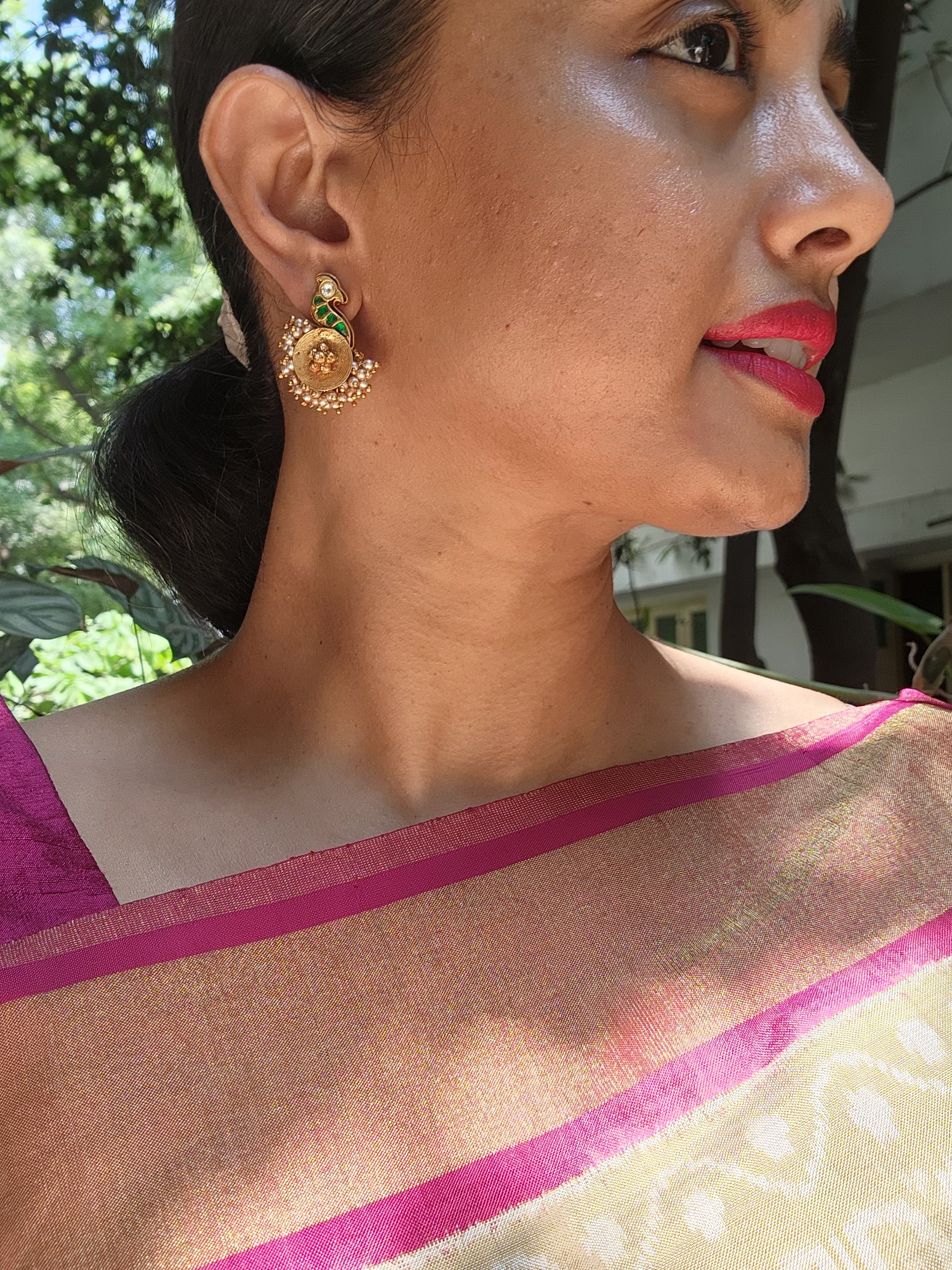 Green kundan peacock earrings with pearls around-Earrings-PL-House of Taamara