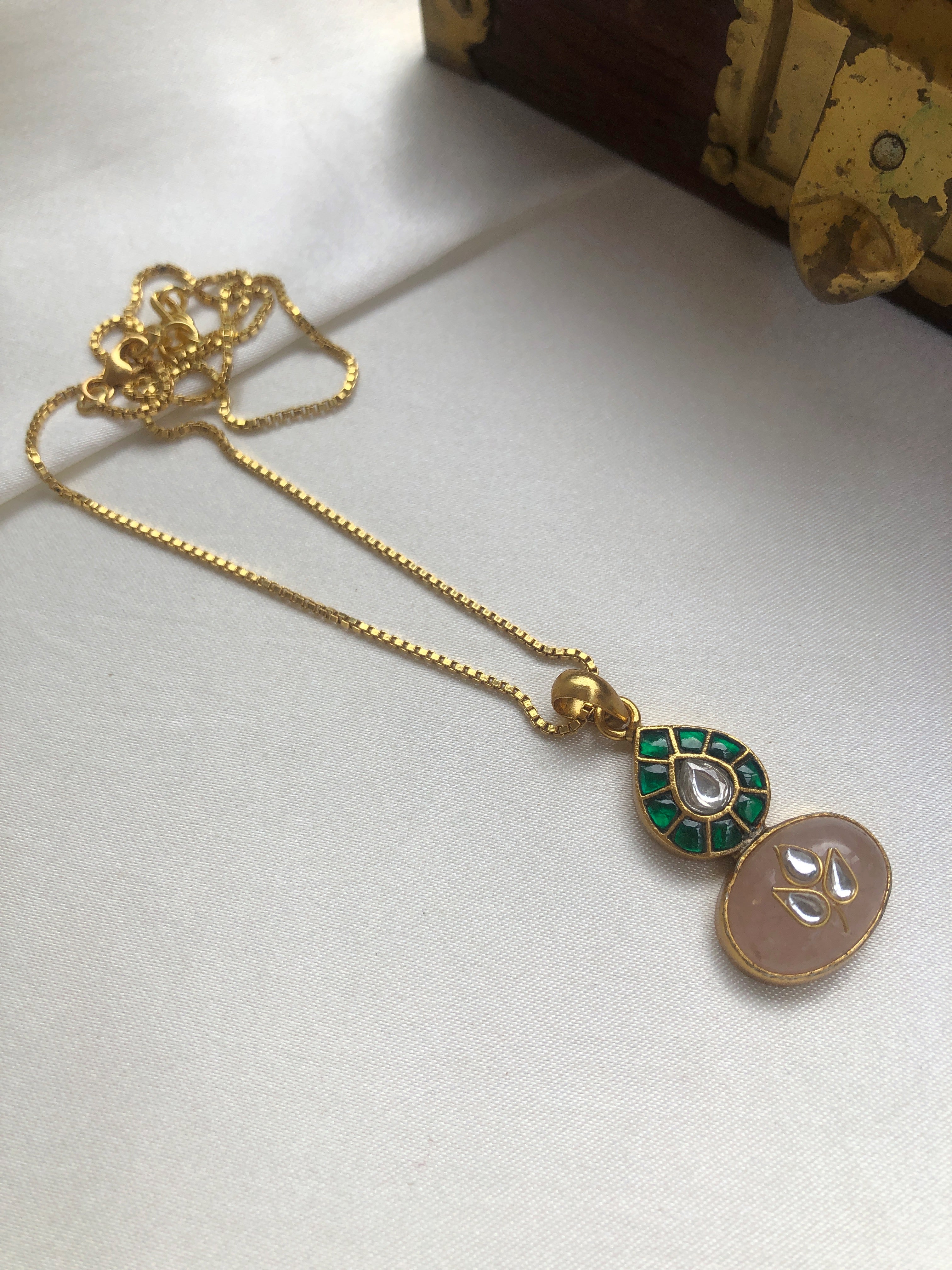 Green kundan & rose quartz oval pendant with gold polish chain-Silver Neckpiece-PL-House of Taamara