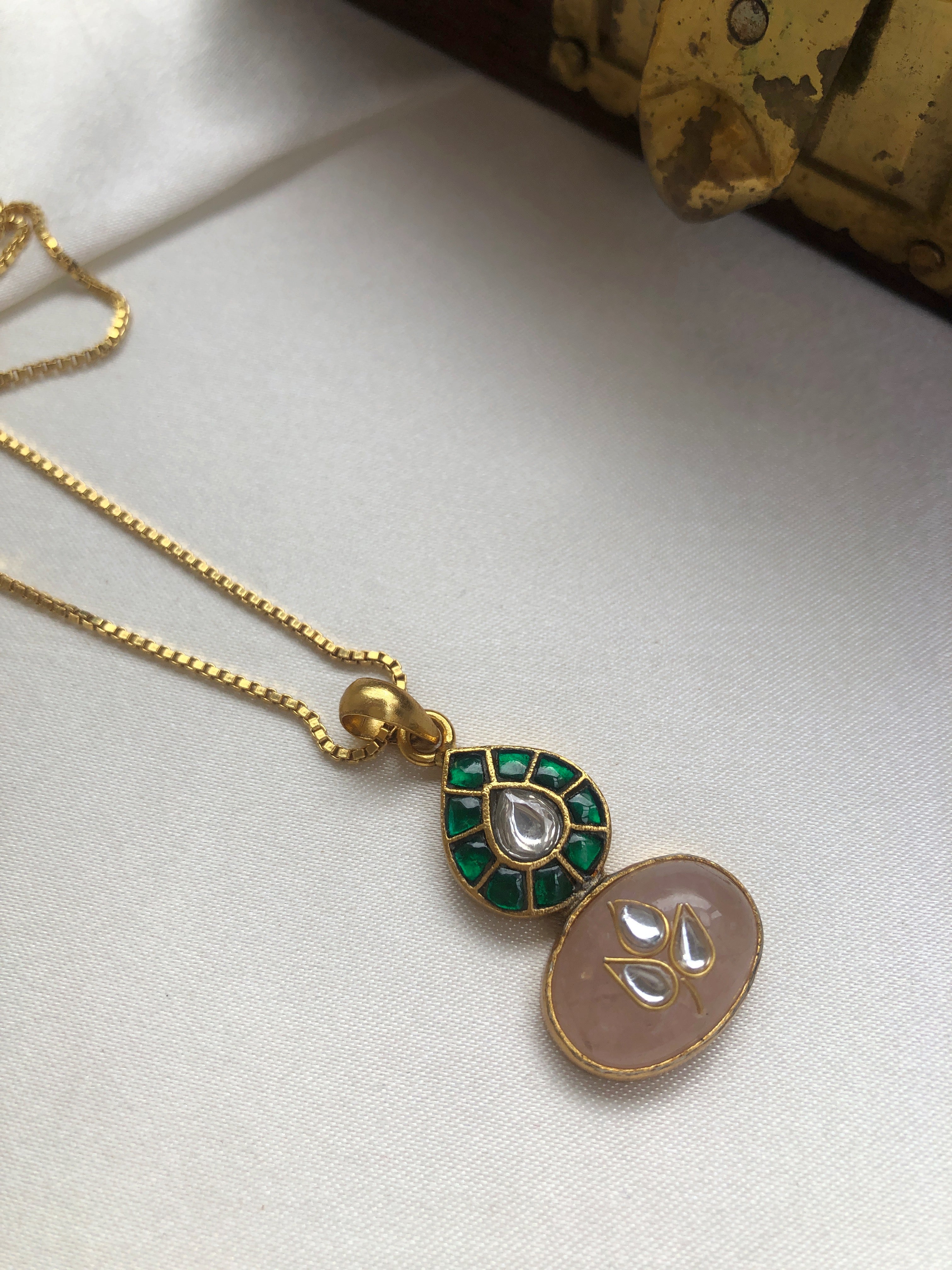 Green kundan & rose quartz oval pendant with gold polish chain-Silver Neckpiece-PL-House of Taamara