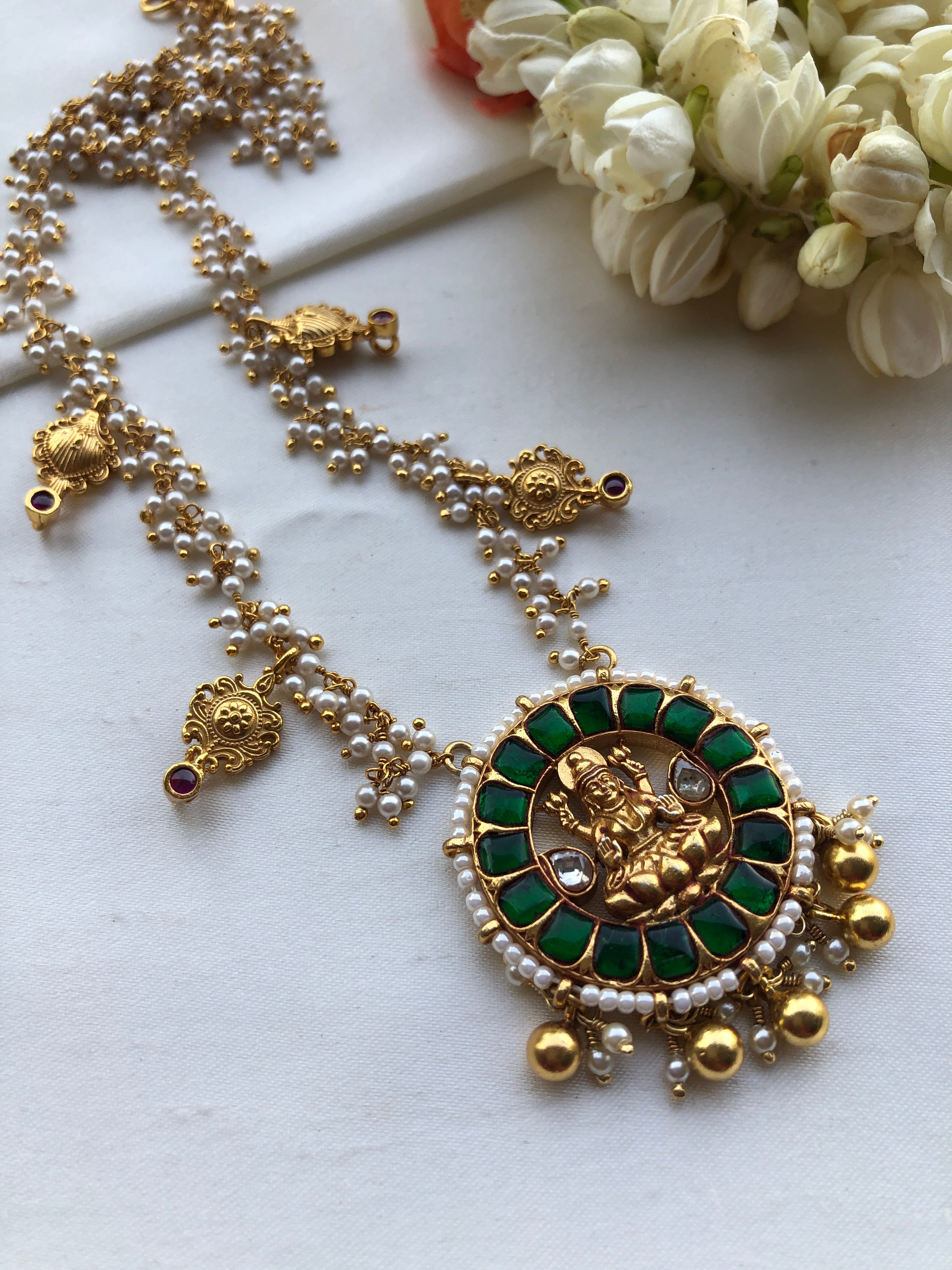 Green kundan round Lakshmi pendant with pearls mala-Silver Neckpiece-PL-House of Taamara