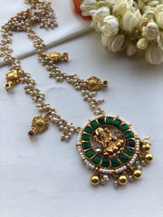 Green kundan round Lakshmi pendant with pearls mala-Silver Neckpiece-PL-House of Taamara
