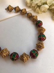 Green & kundan ruby beads mala with antique style gold beads-Silver Neckpiece-PL-House of Taamara