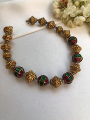 Green & kundan ruby beads mala with antique style gold beads-Silver Neckpiece-PL-House of Taamara