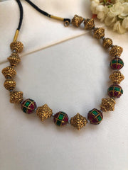 Green & kundan ruby beads mala with antique style gold beads-Silver Neckpiece-PL-House of Taamara