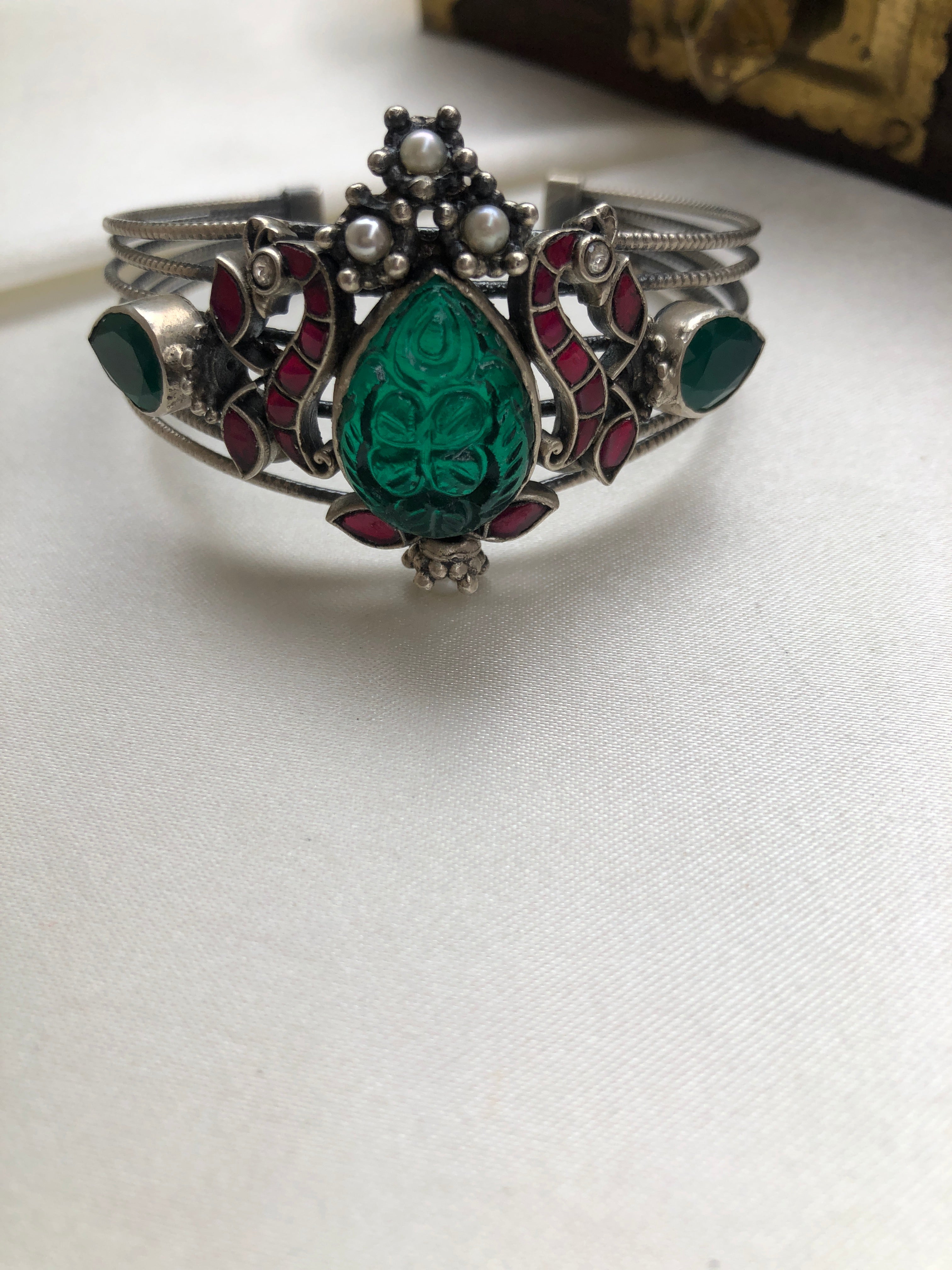 Green & kundan ruby silver cuff bracelet-Silver Bracelet-PL-House of Taamara