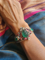 Green & kundan ruby silver cuff bracelet-Silver Bracelet-PL-House of Taamara
