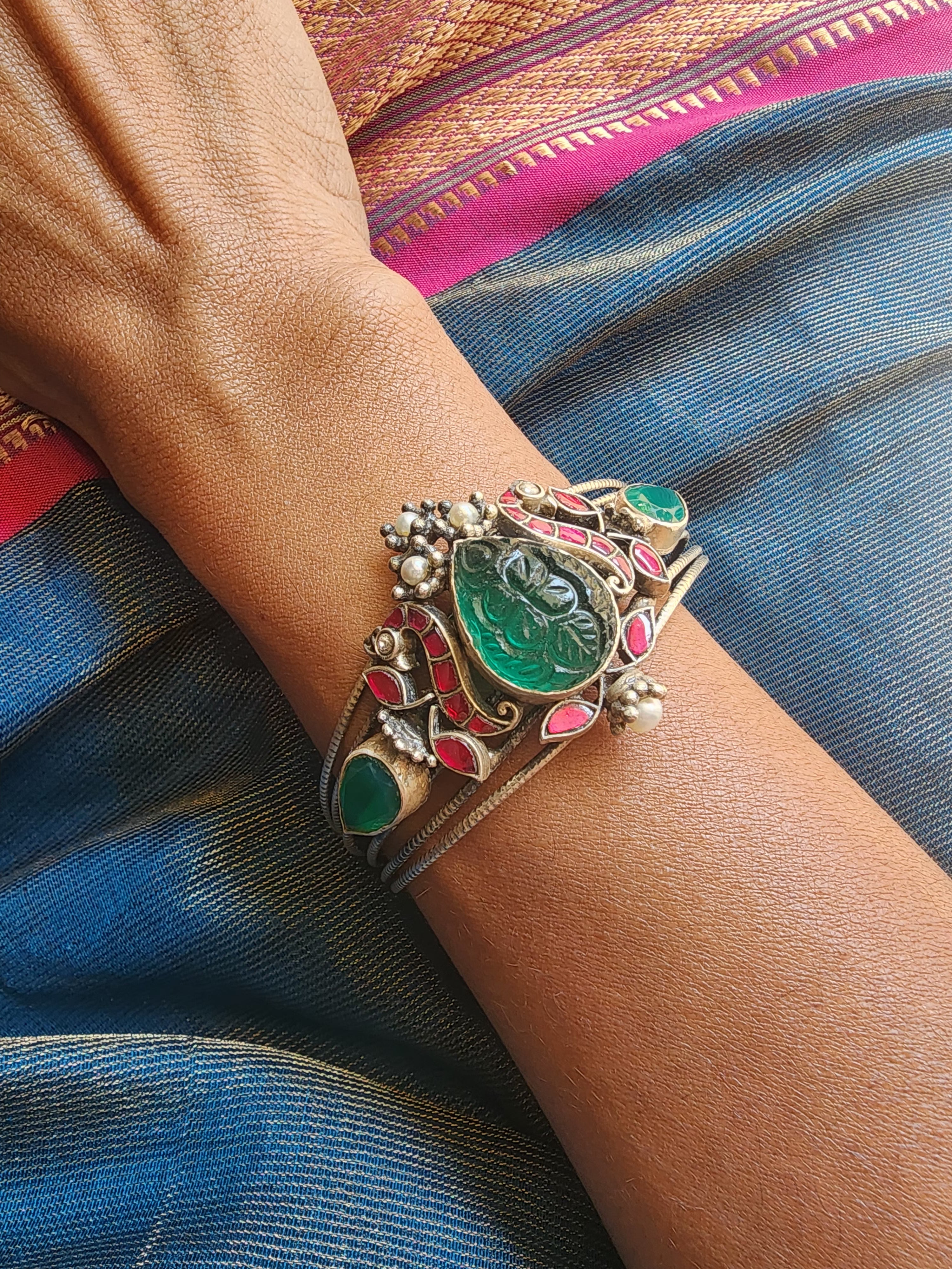 Green & kundan ruby silver cuff bracelet-Silver Bracelet-PL-House of Taamara