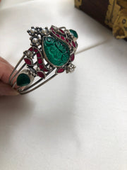 Green & kundan ruby silver cuff bracelet-Silver Bracelet-PL-House of Taamara