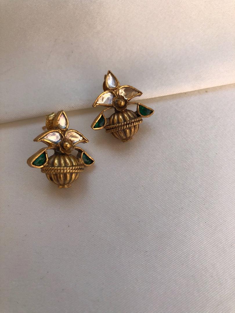 Green kundan with antique style bead earrings-Earrings-PL-House of Taamara