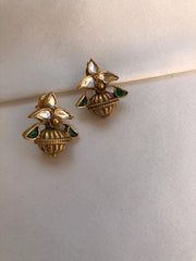 Green kundan with antique style bead earrings-Earrings-PL-House of Taamara