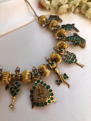 Green kundan with round antique polish beads necklace-Silver Neckpiece-PL-House of Taamara