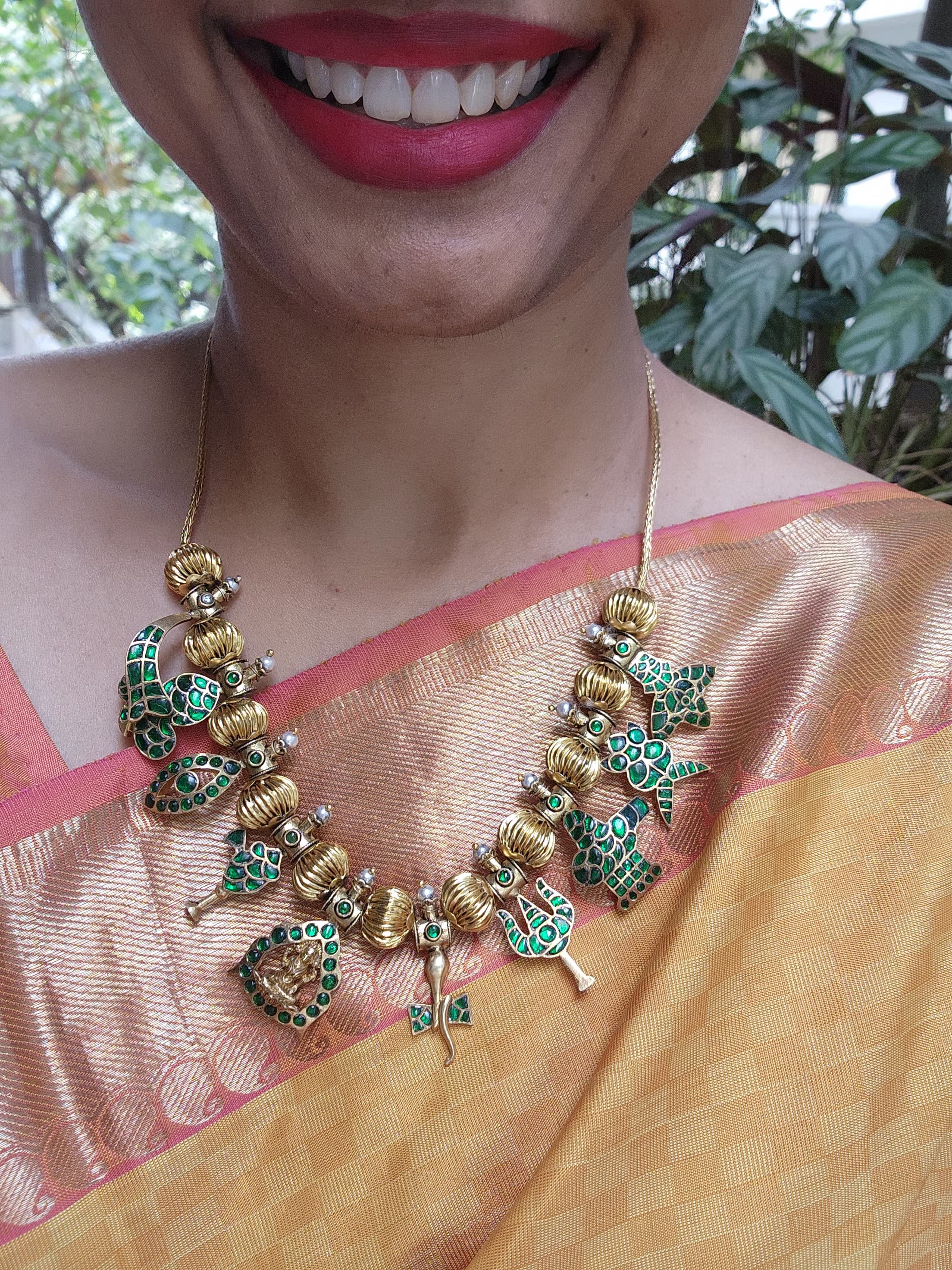 Green kundan with round antique polish beads necklace-Silver Neckpiece-PL-House of Taamara