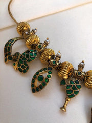 Green kundan with round antique polish beads necklace-Silver Neckpiece-PL-House of Taamara