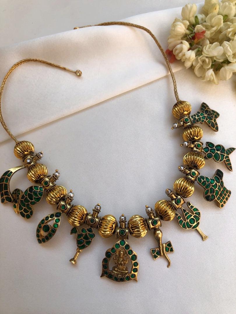 Green kundan with round antique polish beads necklace-Silver Neckpiece-PL-House of Taamara