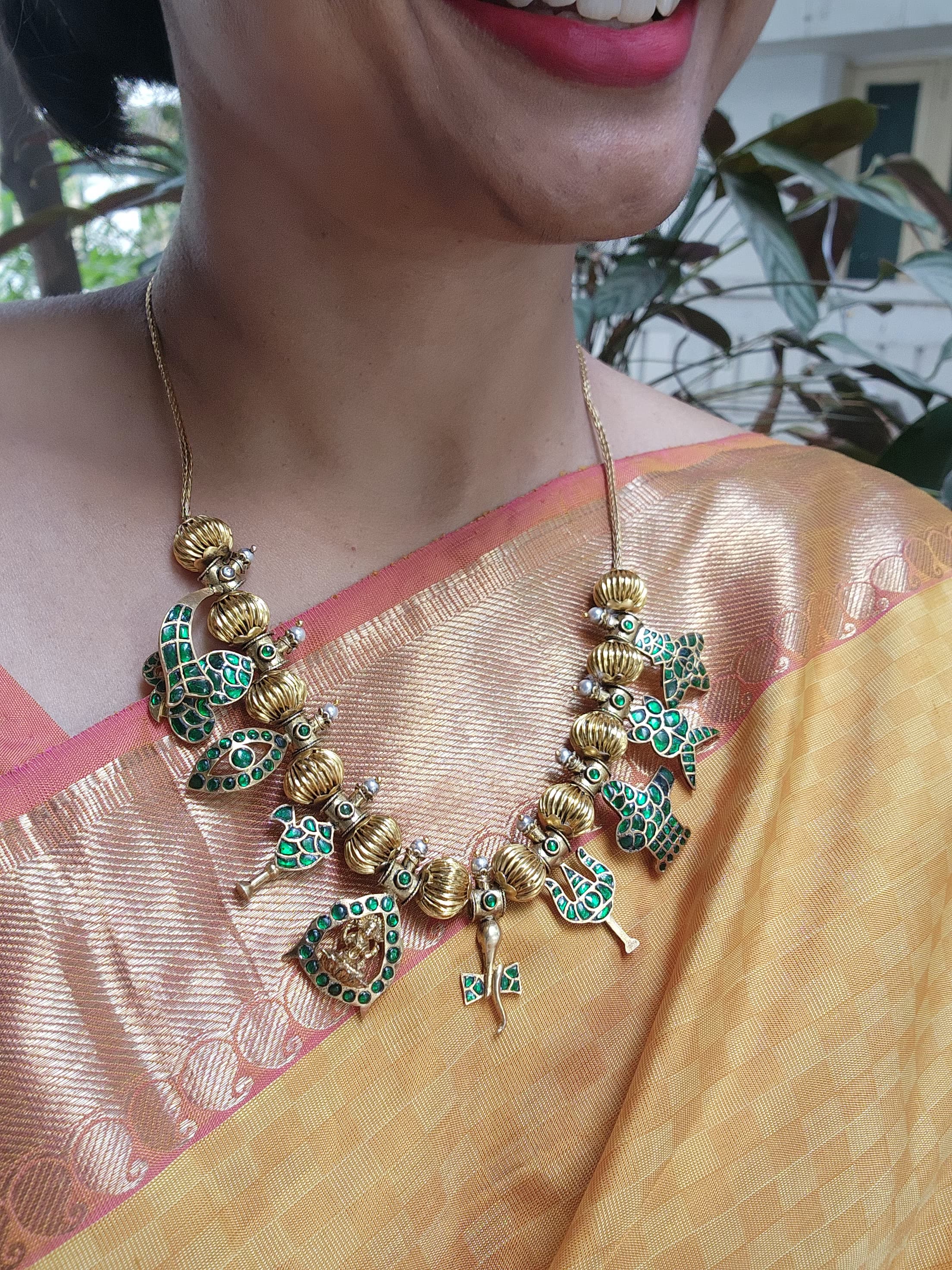 Green kundan with round antique polish beads necklace-Silver Neckpiece-PL-House of Taamara