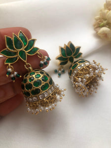 Green lotus kundan jhumkas with pearls-Earrings-PL-House of Taamara