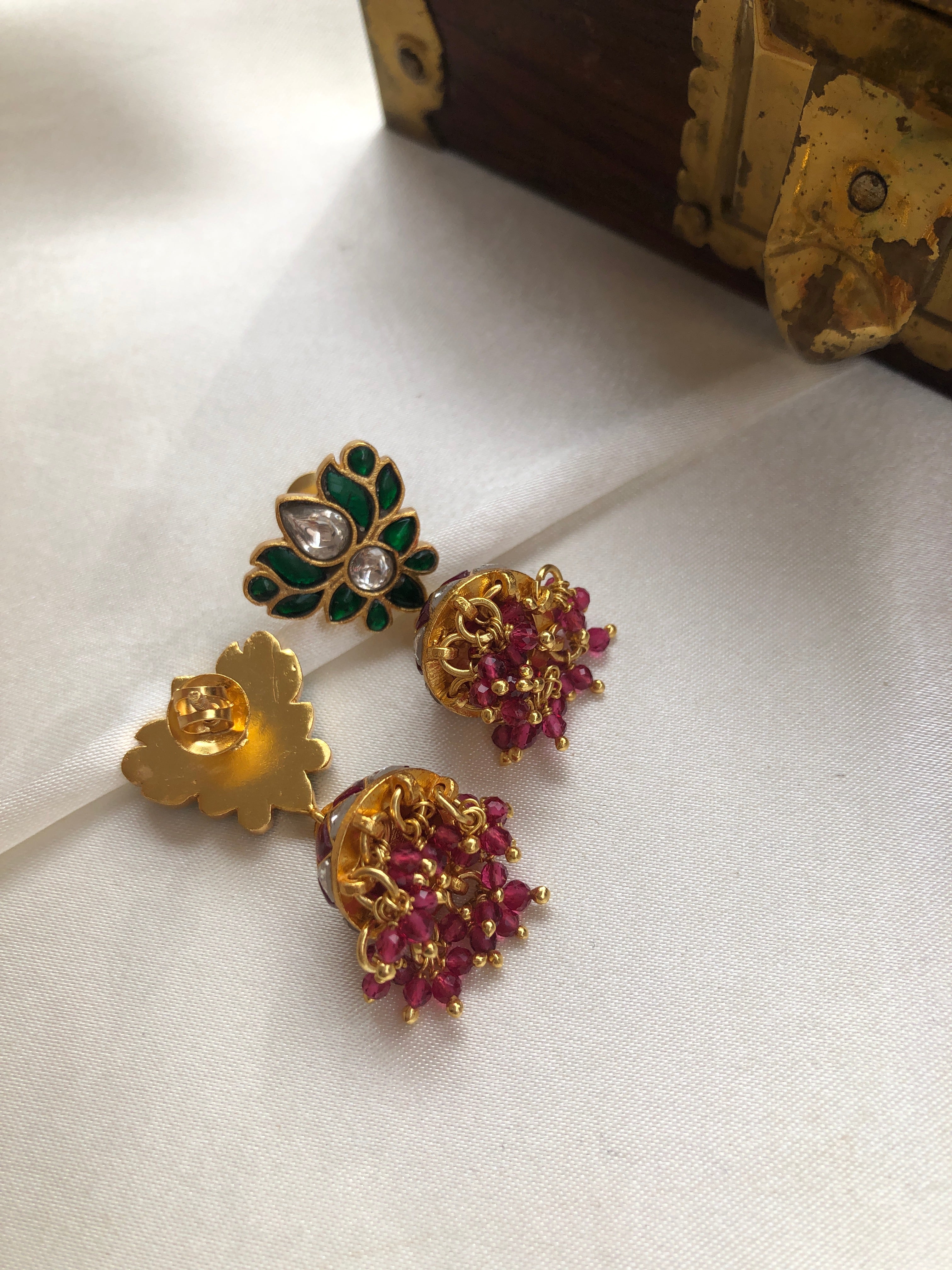 Green lotus kundan & ruby jhumkas with ruby beads-Earrings-PL-House of Taamara