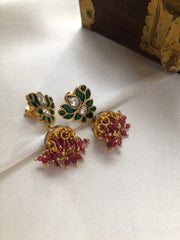 Green lotus kundan & ruby jhumkas with ruby beads-Earrings-PL-House of Taamara