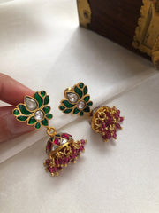 Green lotus kundan & ruby jhumkas with ruby beads-Earrings-PL-House of Taamara