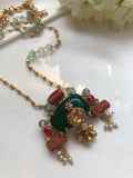 Green onyx kundan pendant with beads chain-Silver Neckpiece-PL-House of Taamara