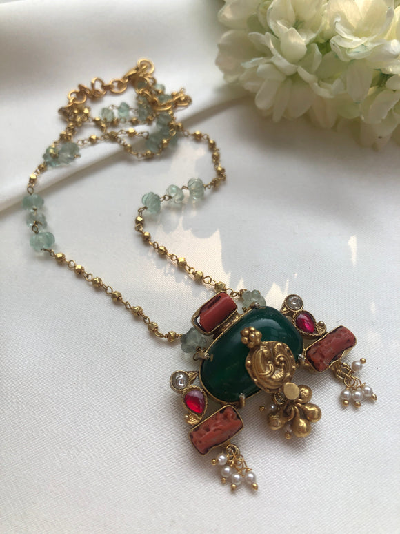 Green onyx kundan pendant with beads chain-Silver Neckpiece-PL-House of Taamara