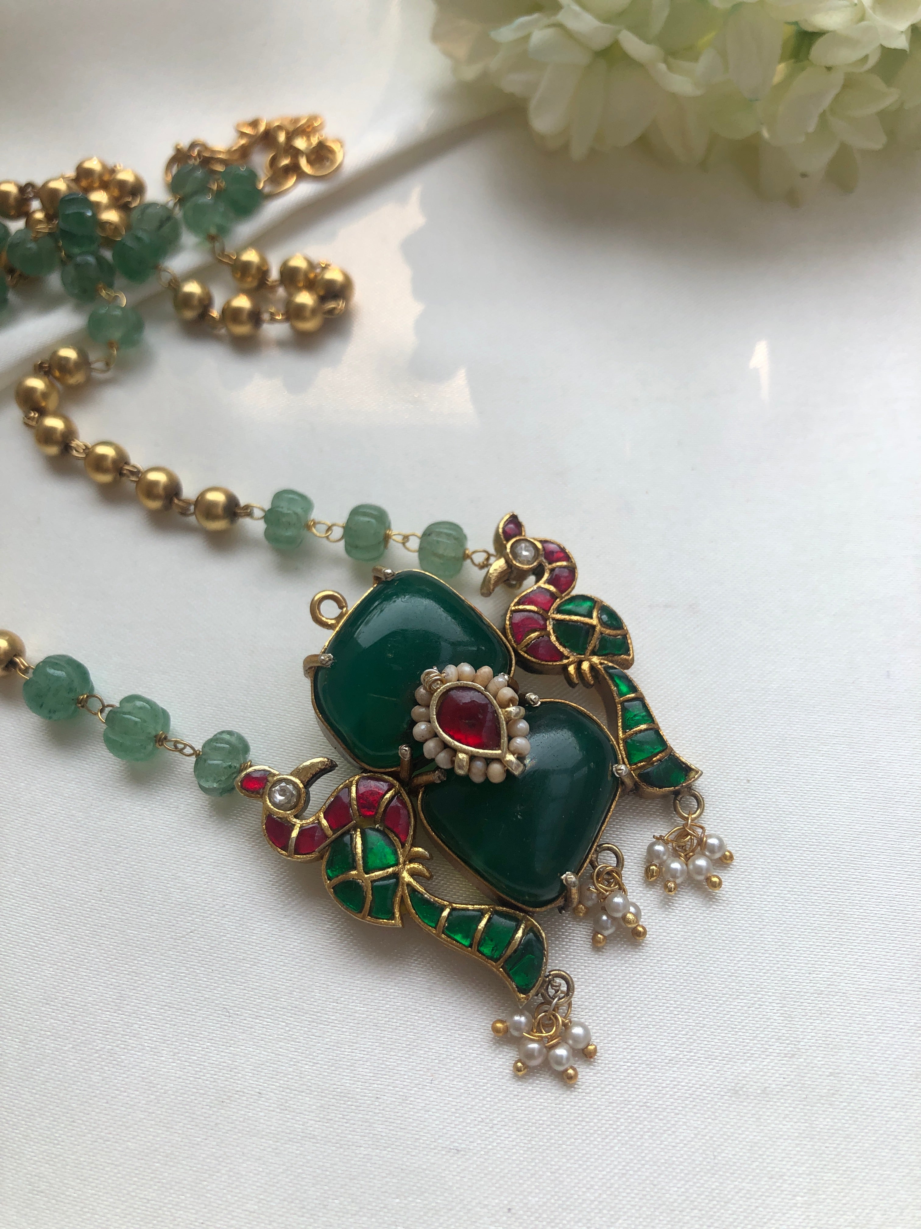 Green onyx kundan pendant with green jade pumpkin & gundu beads chain-Silver Neckpiece-PL-House of Taamara