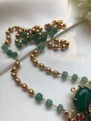 Green onyx kundan pendant with green jade pumpkin & gundu beads chain-Silver Neckpiece-PL-House of Taamara