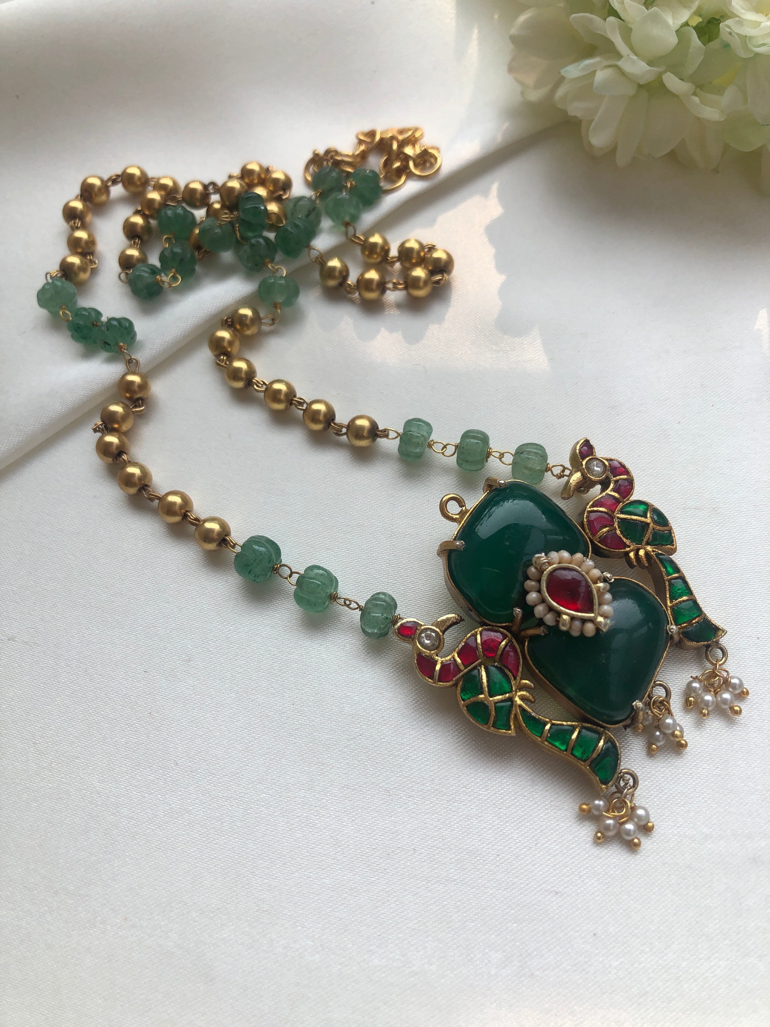 Green onyx kundan pendant with green jade pumpkin & gundu beads chain-Silver Neckpiece-PL-House of Taamara